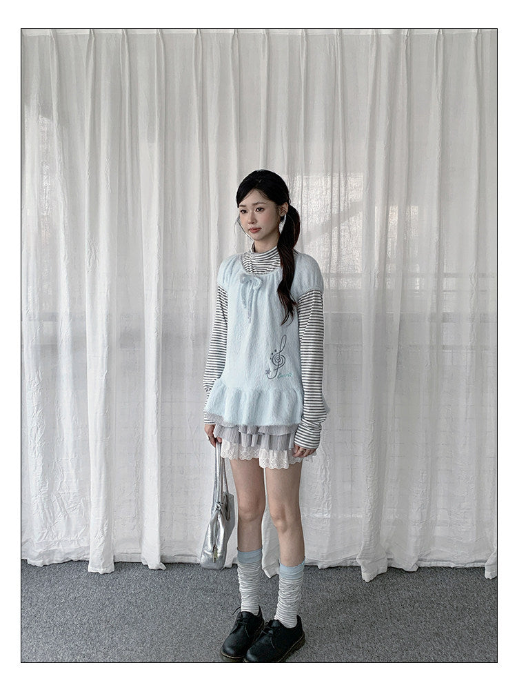 Fuzzy Ruffle Layered Two-Piece Long Sleeve Top Set