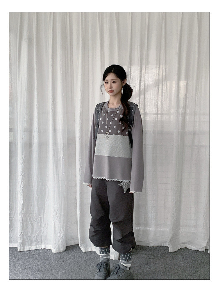 Polka Dot Stripe Lace-Trim Patchwork Long Sleeve Top