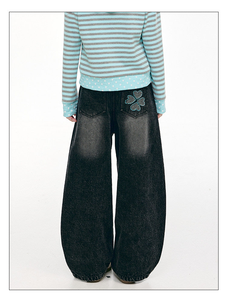 Washed Black Cartoon Music Note Barrel-Leg Jeans