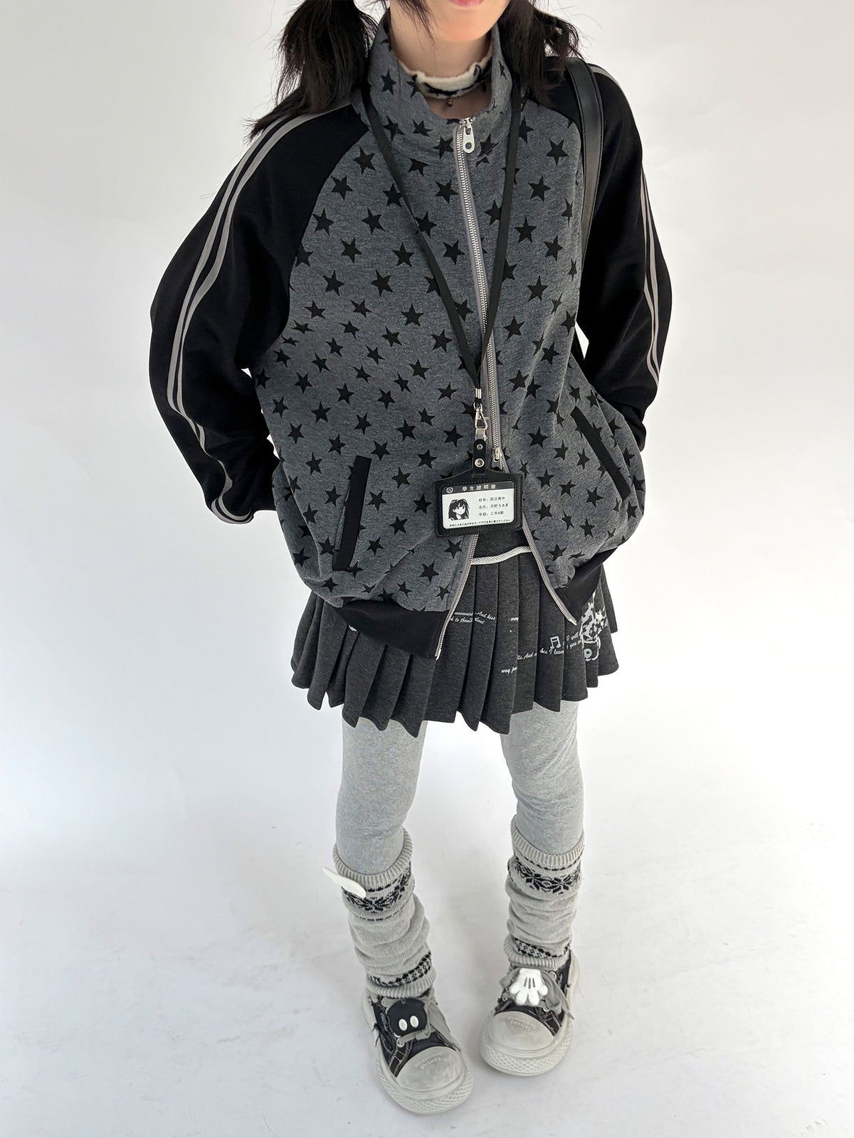 Charcoal Star Double-Zip Mock Neck Jacket