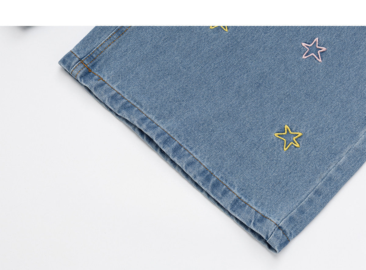 Star Kitty Embroidered Wide-Leg Jeans with Plush Charm