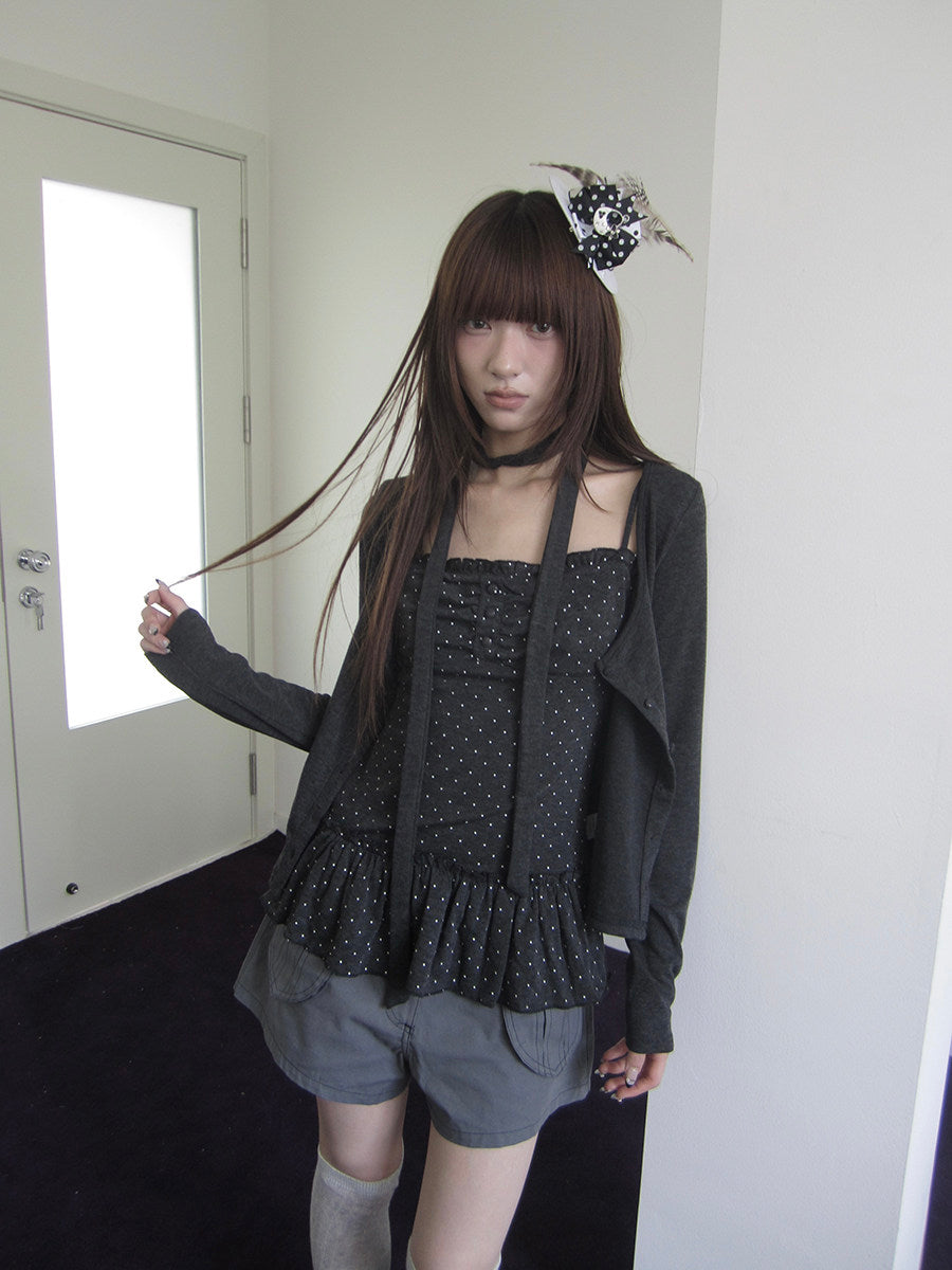 Polka Dot Ruffle Camisole & Cardigan Set with Scarf