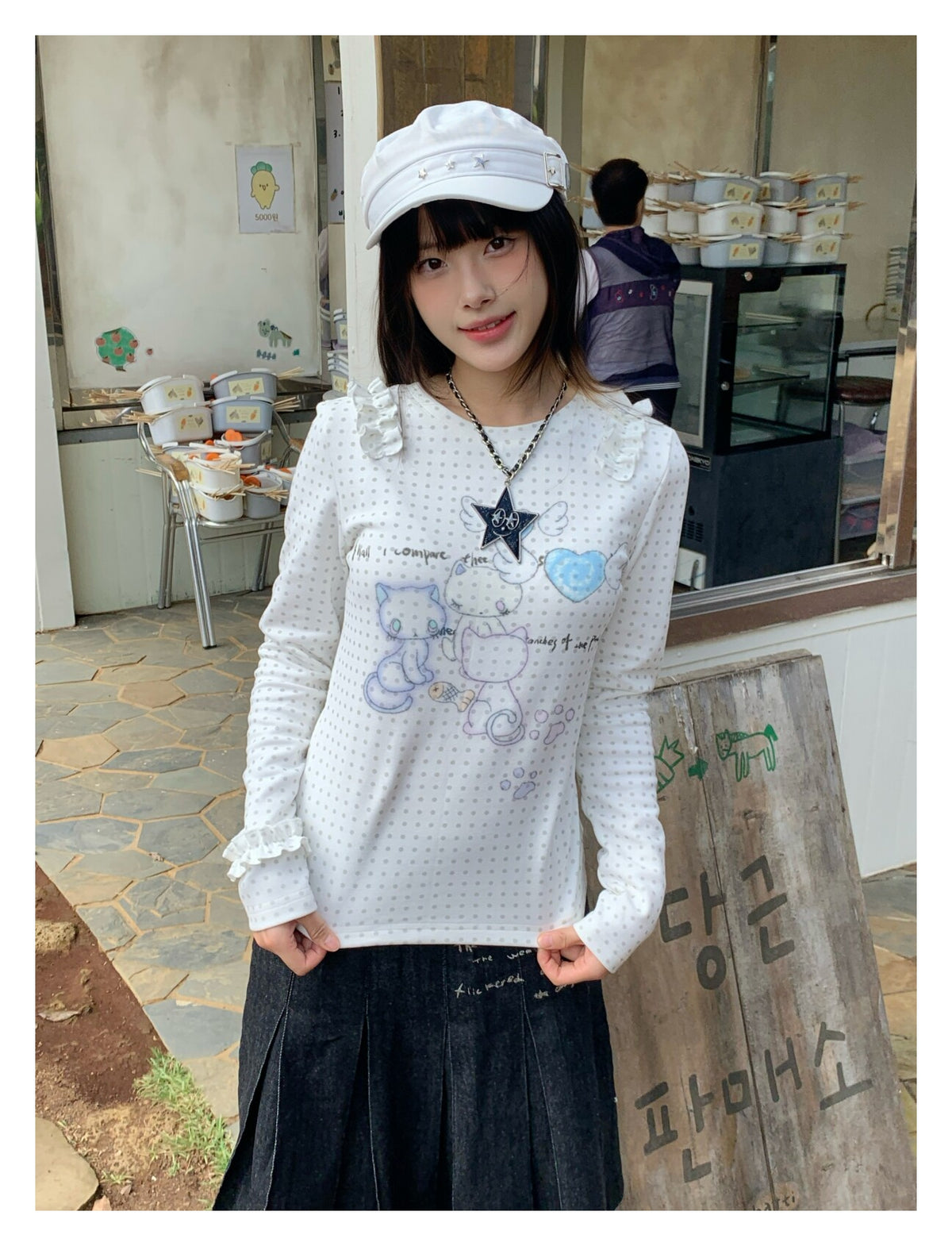 Cat Party Polka Dot Ruffle Long Sleeve Top