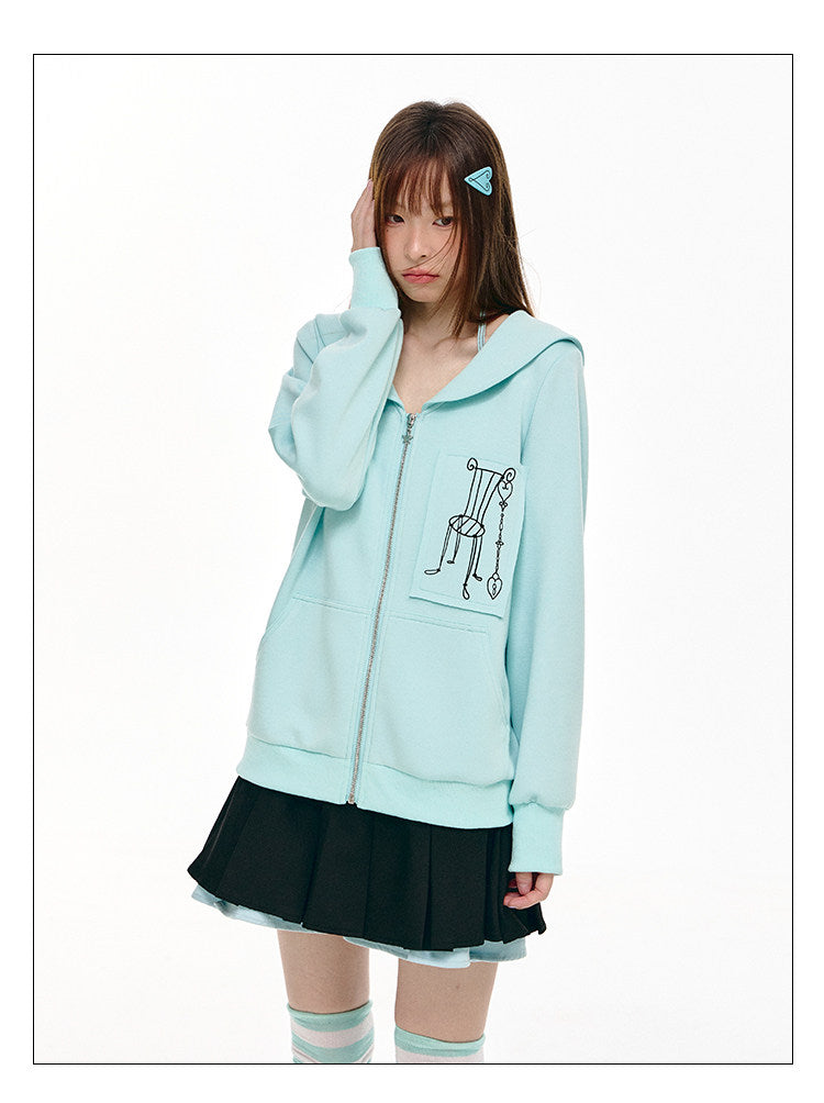 Mint Sailor-Collar Graphic Zip-Up Jacket
