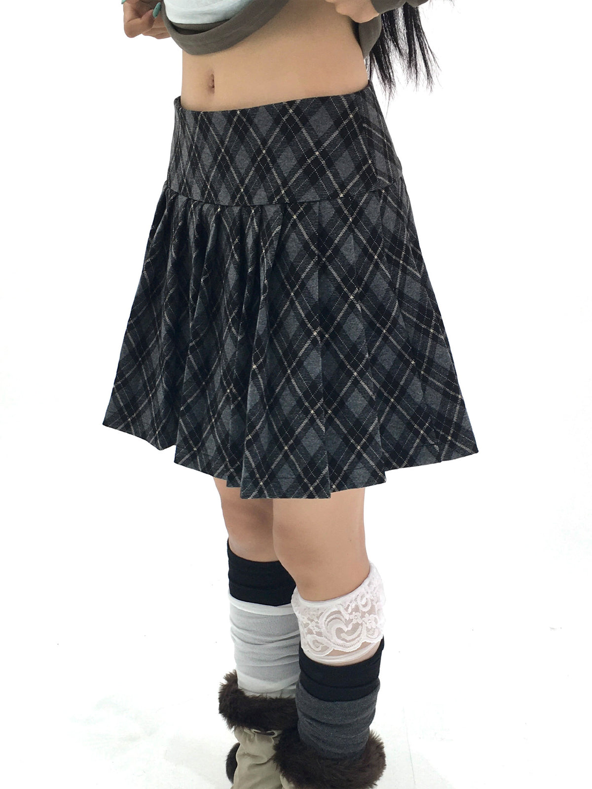 Charcoal Plaid Pleated A-Line Mini Skirt