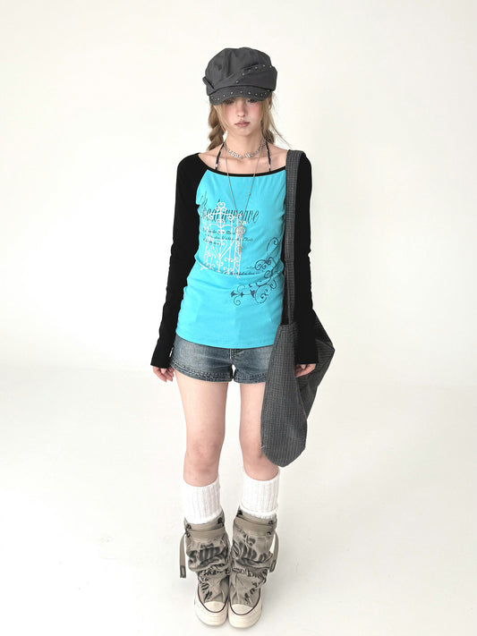 Aqua Contrast Graphic Raglan Long Sleeve Top