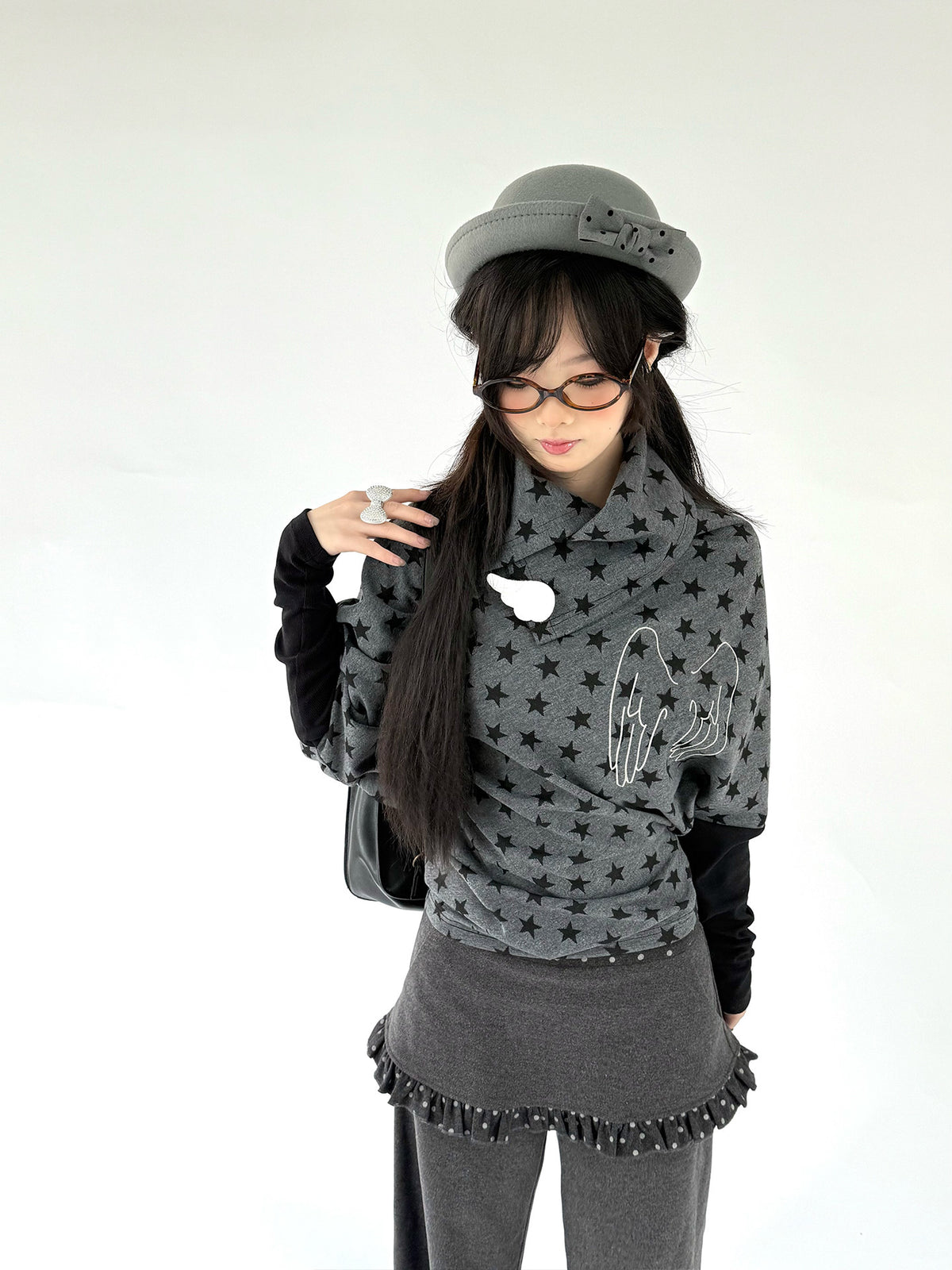 Asymmetric Star Drape Faux-Layer Long Sleeve Top