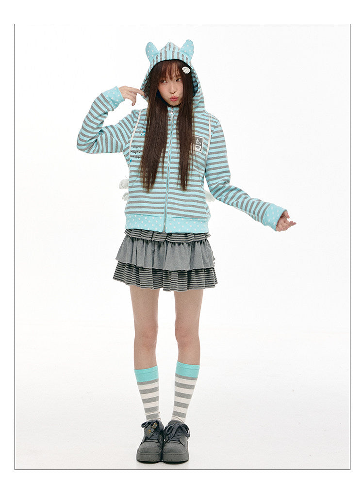 Mint & Gray Stripe Cat-Ear Zip Hoodie