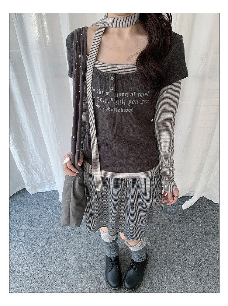 Graphic Layered Henley Long Sleeve Top with Neck Tie