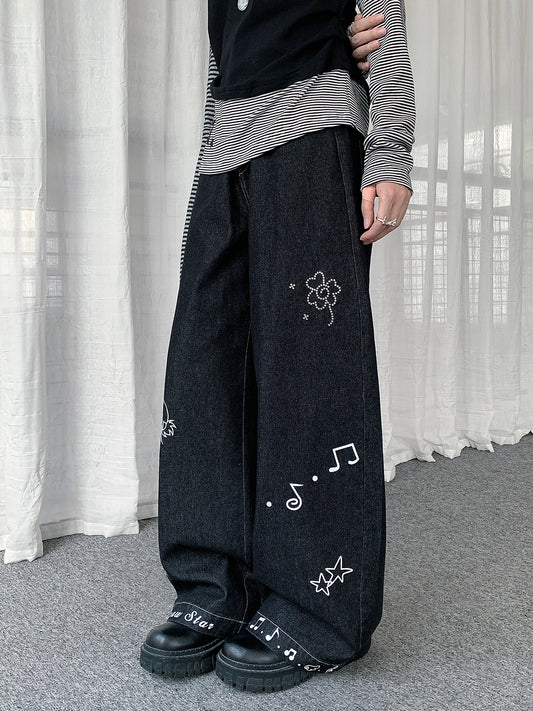 Star Music Note Wide-Leg Denim Jeans