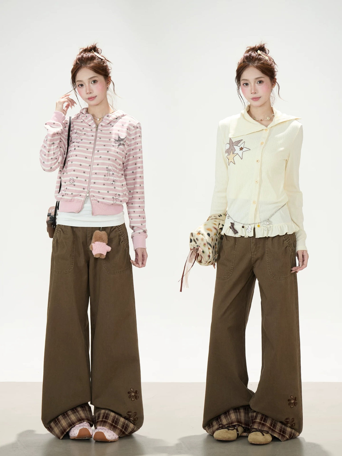 Plaid-Cuff Vintage Wide-Leg Work Pants