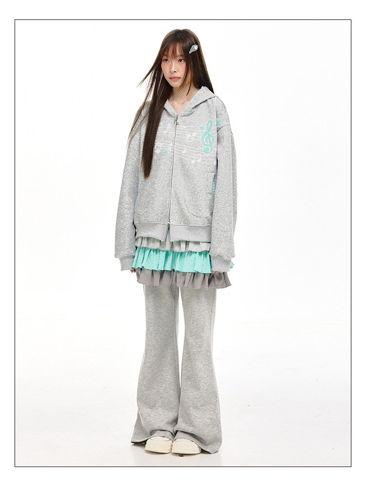 Gray Melody Polka Dot Graphic Zip Hoodie
