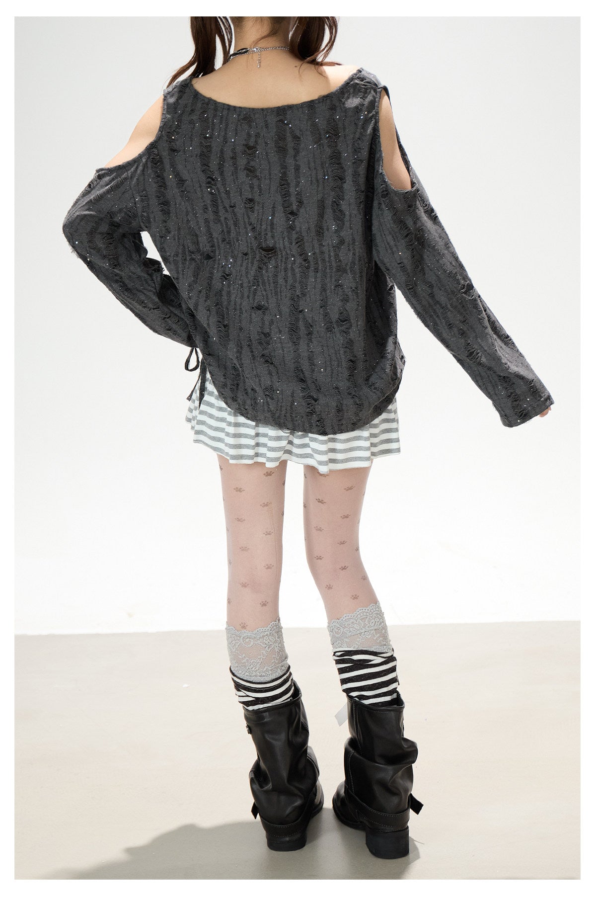 Distressed Cold-Shoulder Graphic Long Sleeve Top & Striped Drawstring Ruffle Mini Skirt