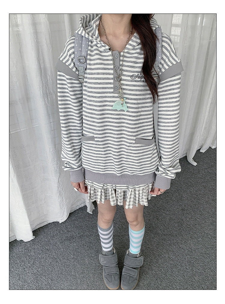 Striped Half-Placket Hooded Pullover