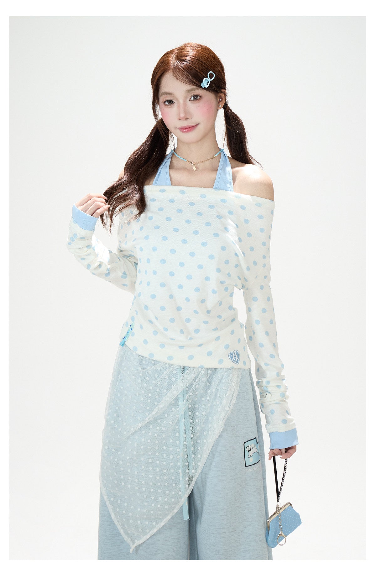 Polka-Dot Off-Shoulder Layered Long Sleeve Top & Blue Wide-Leg Pants