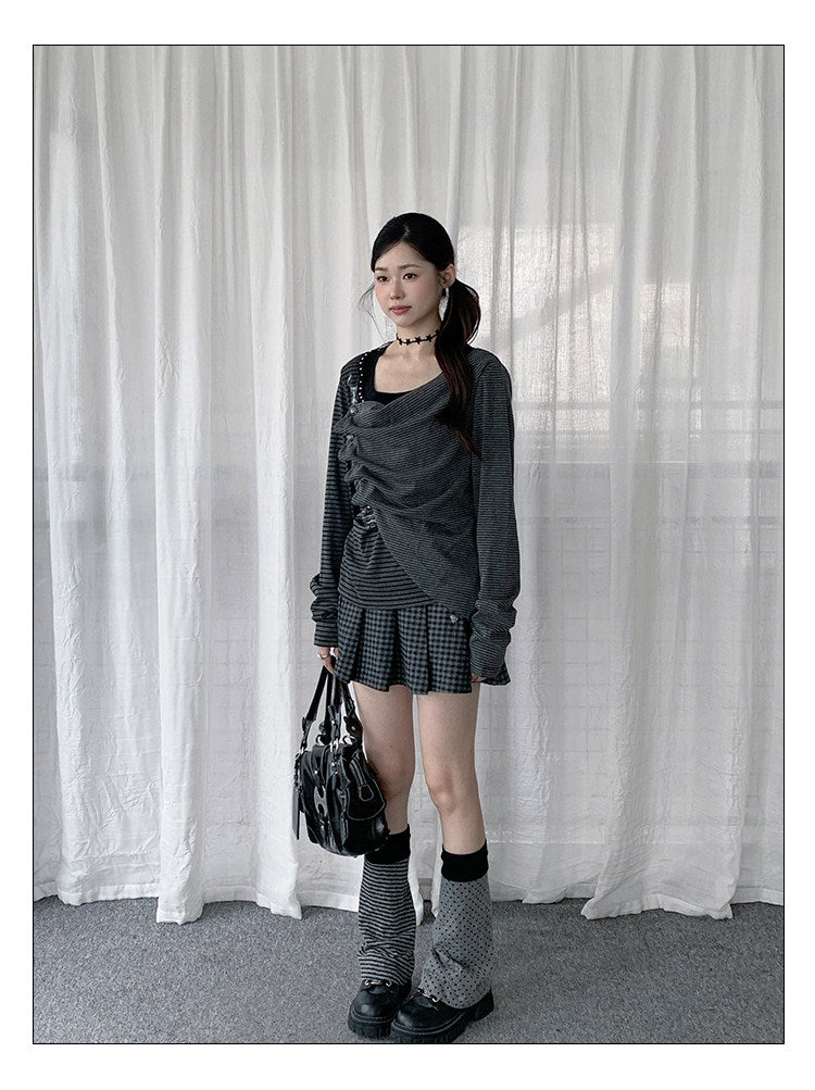 Asymmetric Button-Drape Striped Long Sleeve Top