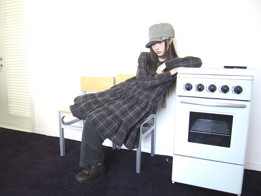 Plaid Ruffle-Hem Long Sleeve Shirt Dress
