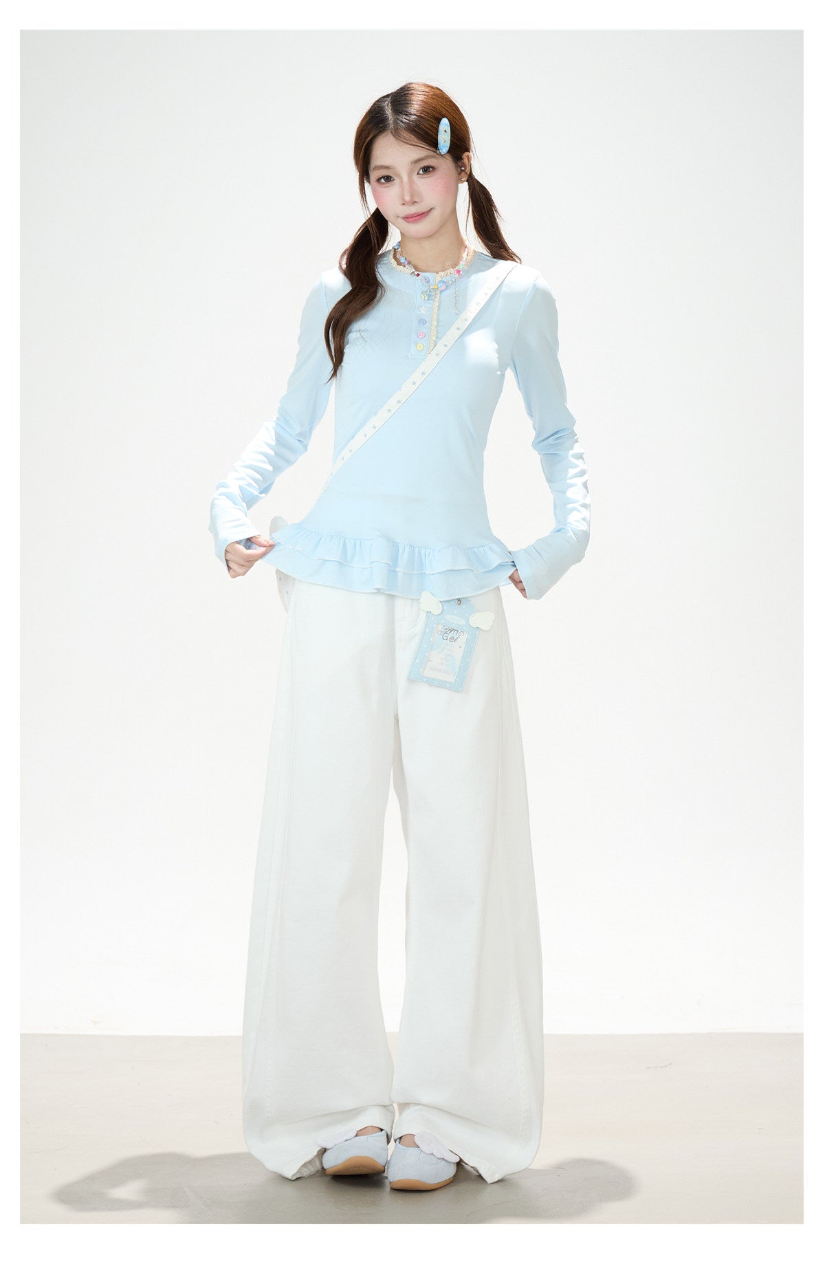 Ruffle Hem Button Long Sleeve Top & White Wide-Leg Pants