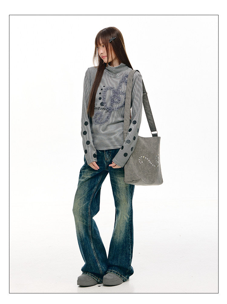 Lace Music Note Appliqué Mock Neck Long Sleeve Top