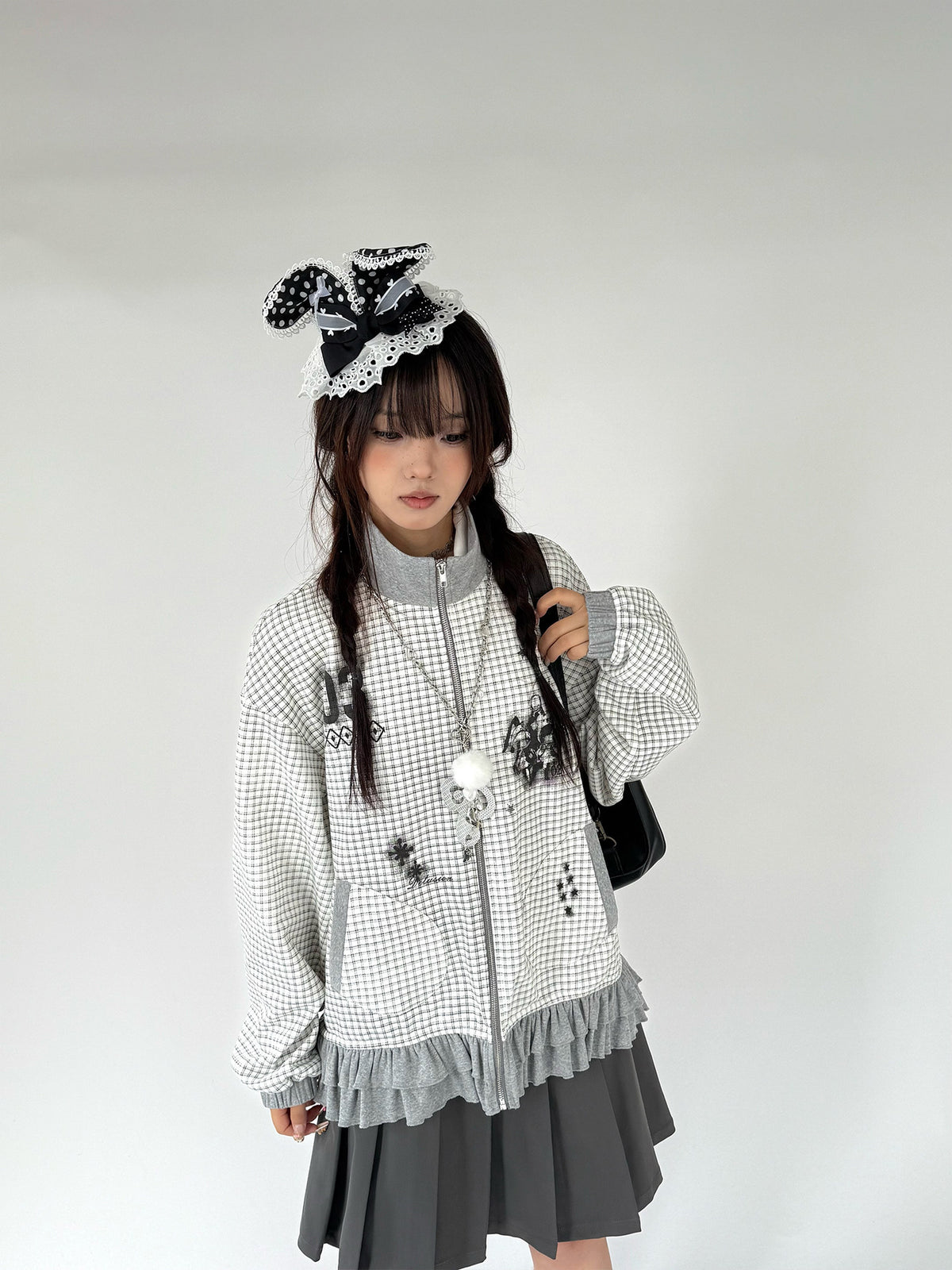 Sugar Check Graphic Ruffle-Hem Zip-Up Jacket
