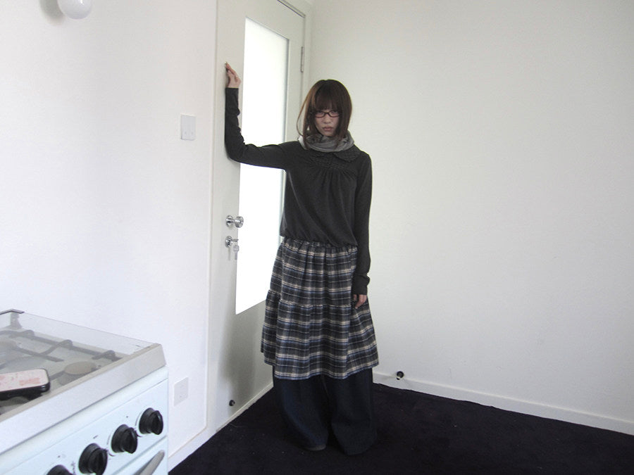 Plaid Collar Gathered Layered Long Sleeve Top