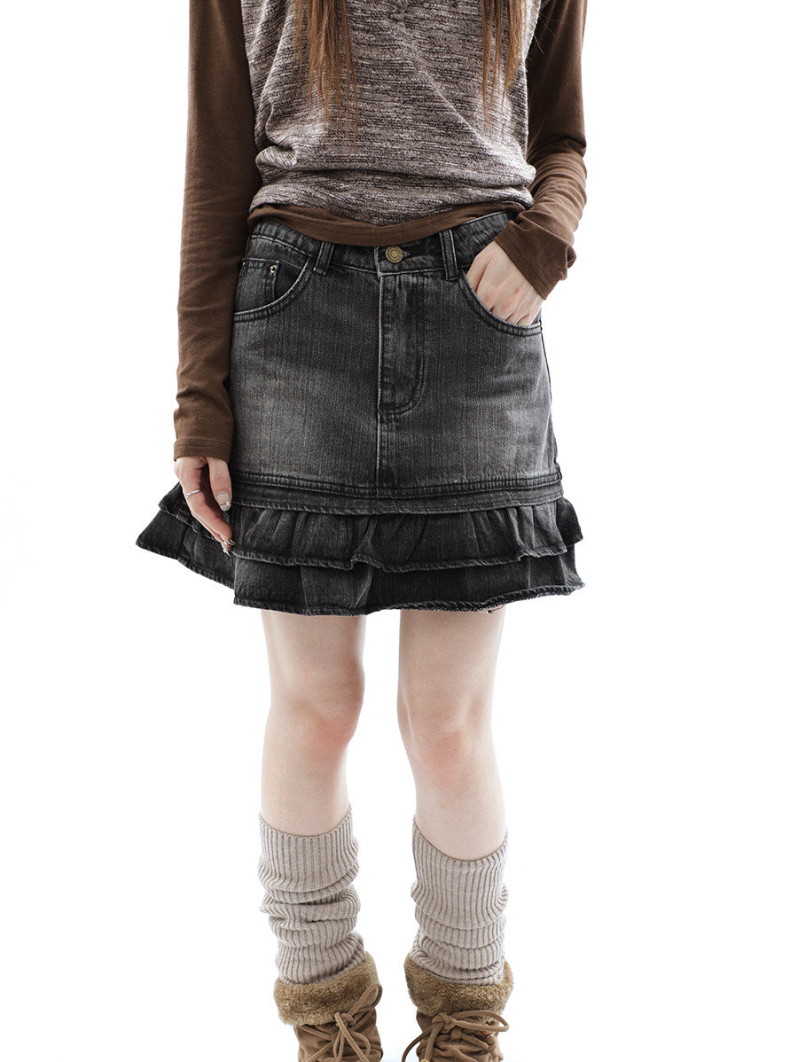 Washed Black Double-Ruffle Denim Mini Skirt