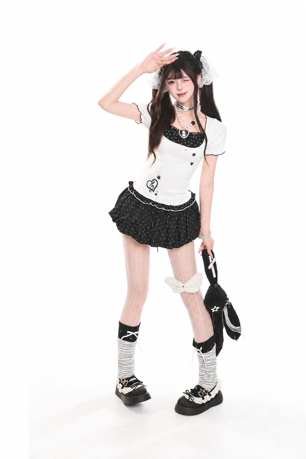 Polka Dot Faux-Layered U-Neck Fitted Tee