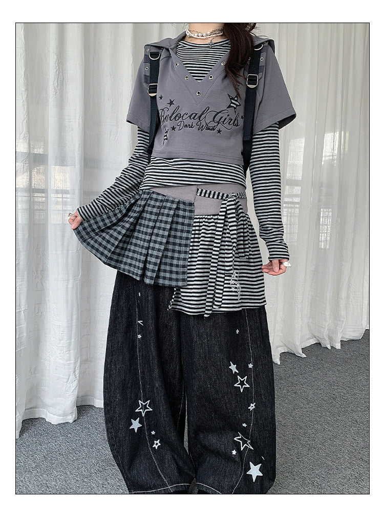 Star Embroidered Wide-Leg Jeans with Lace Overskirt