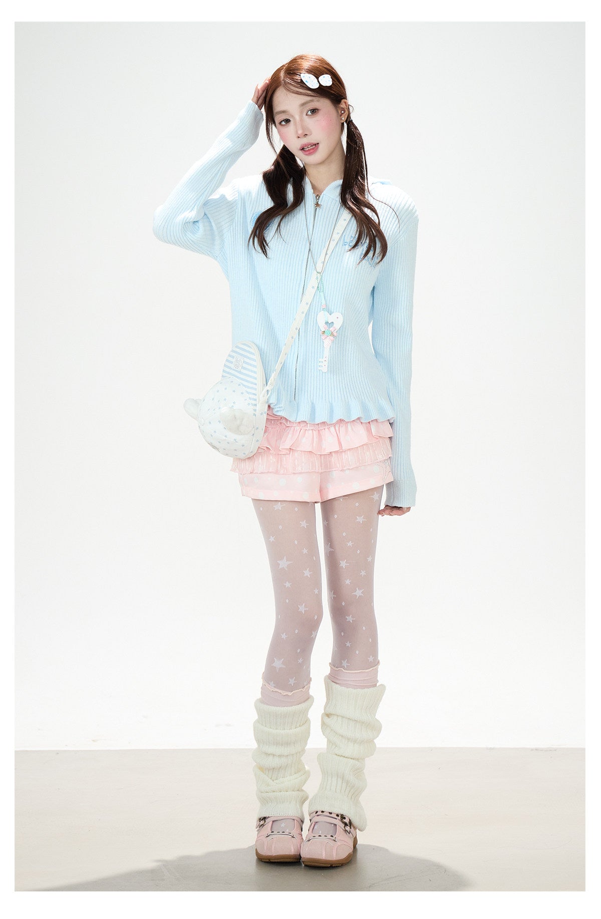 Cat-Ear Hooded Knit Zip Cardigan & Pink Ruffle Shorts