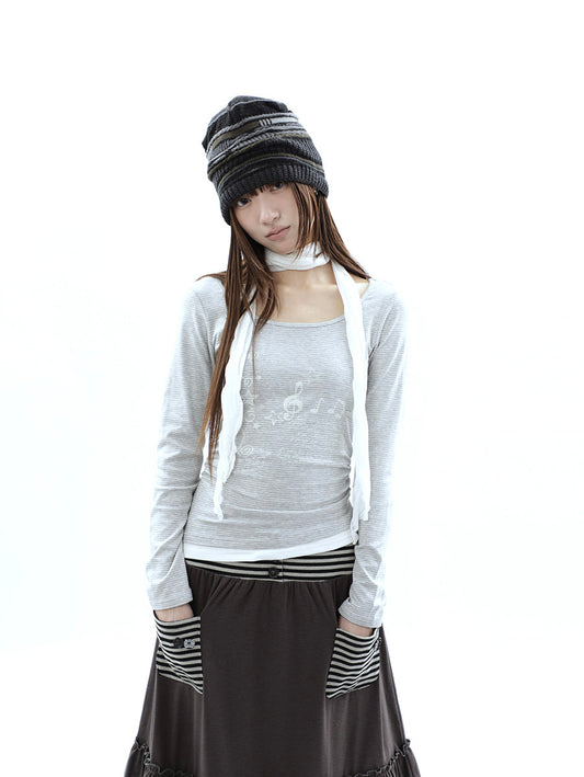 Music Note Striped Layered Long Sleeve Top with Scarf