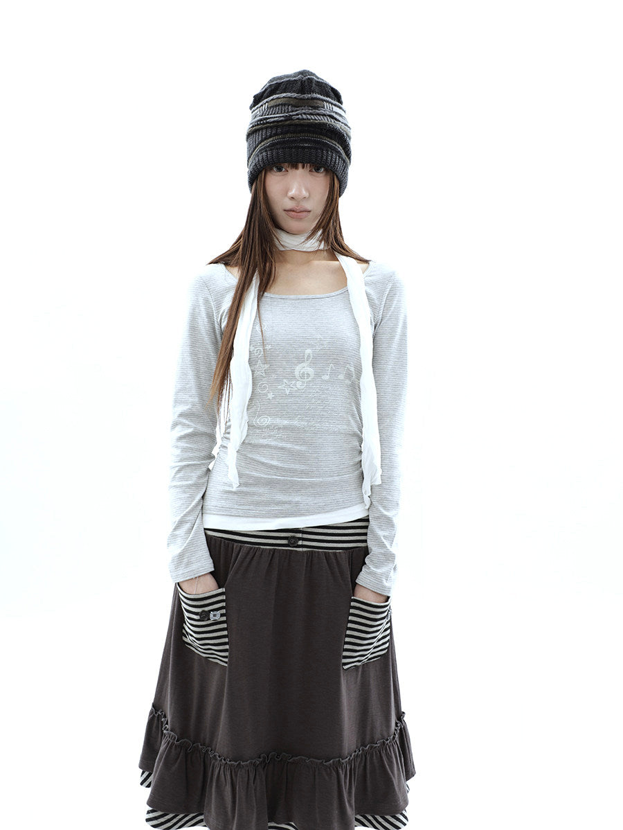 Music Note Striped Layered Long Sleeve Top with Scarf