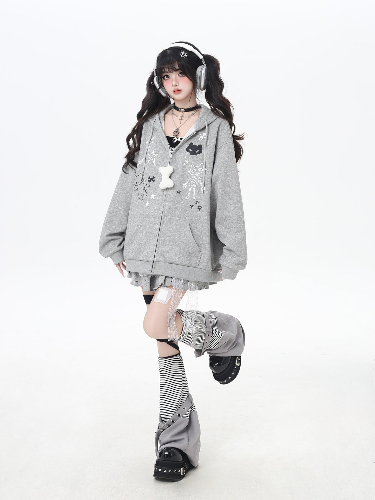 Cat Ear Bow Graphic Zip Hoodie