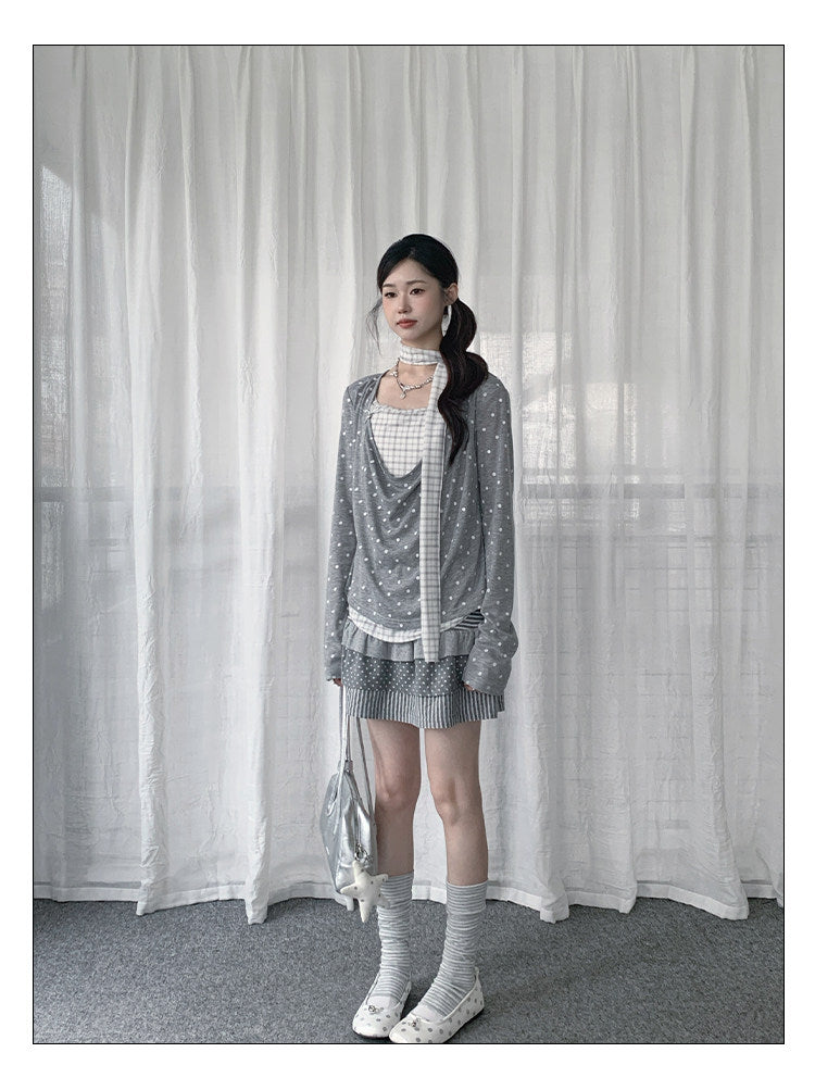 Polka Dot Plaid Scarf Layered Long Sleeve Top