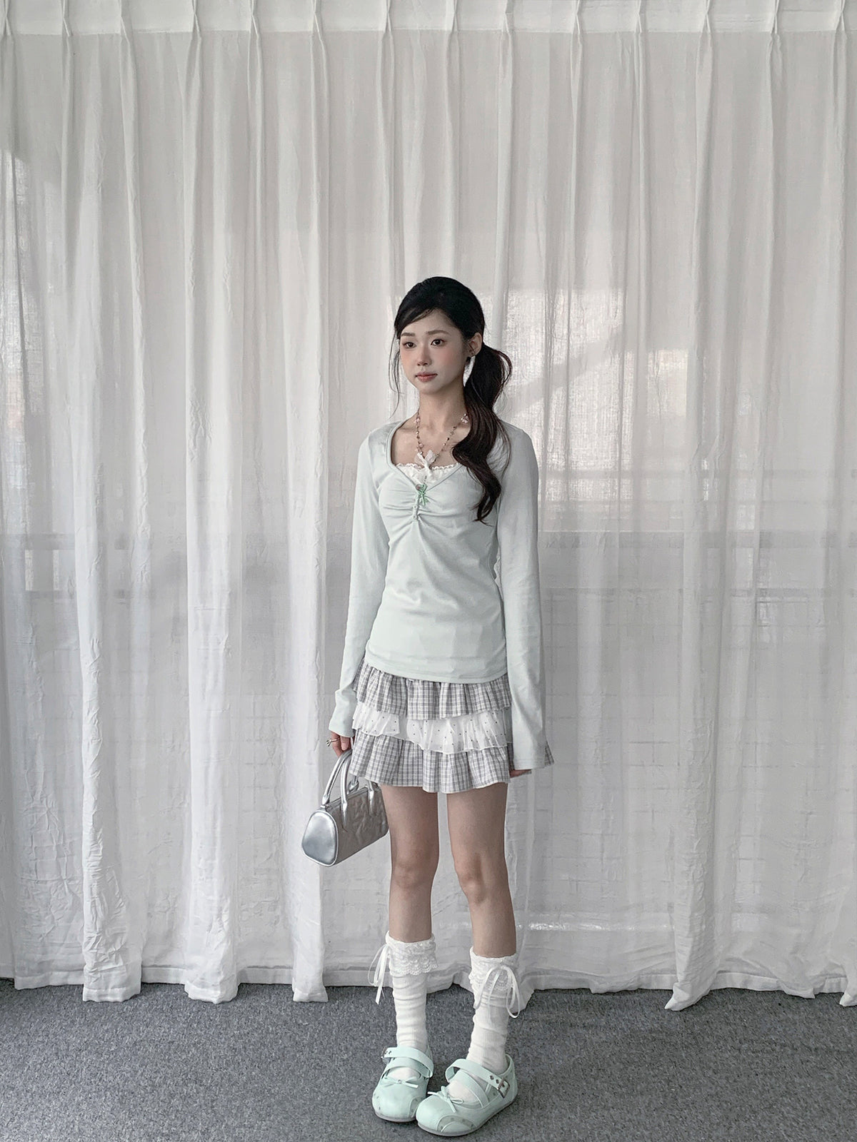 Lace Ruched Layered Long Sleeve Top