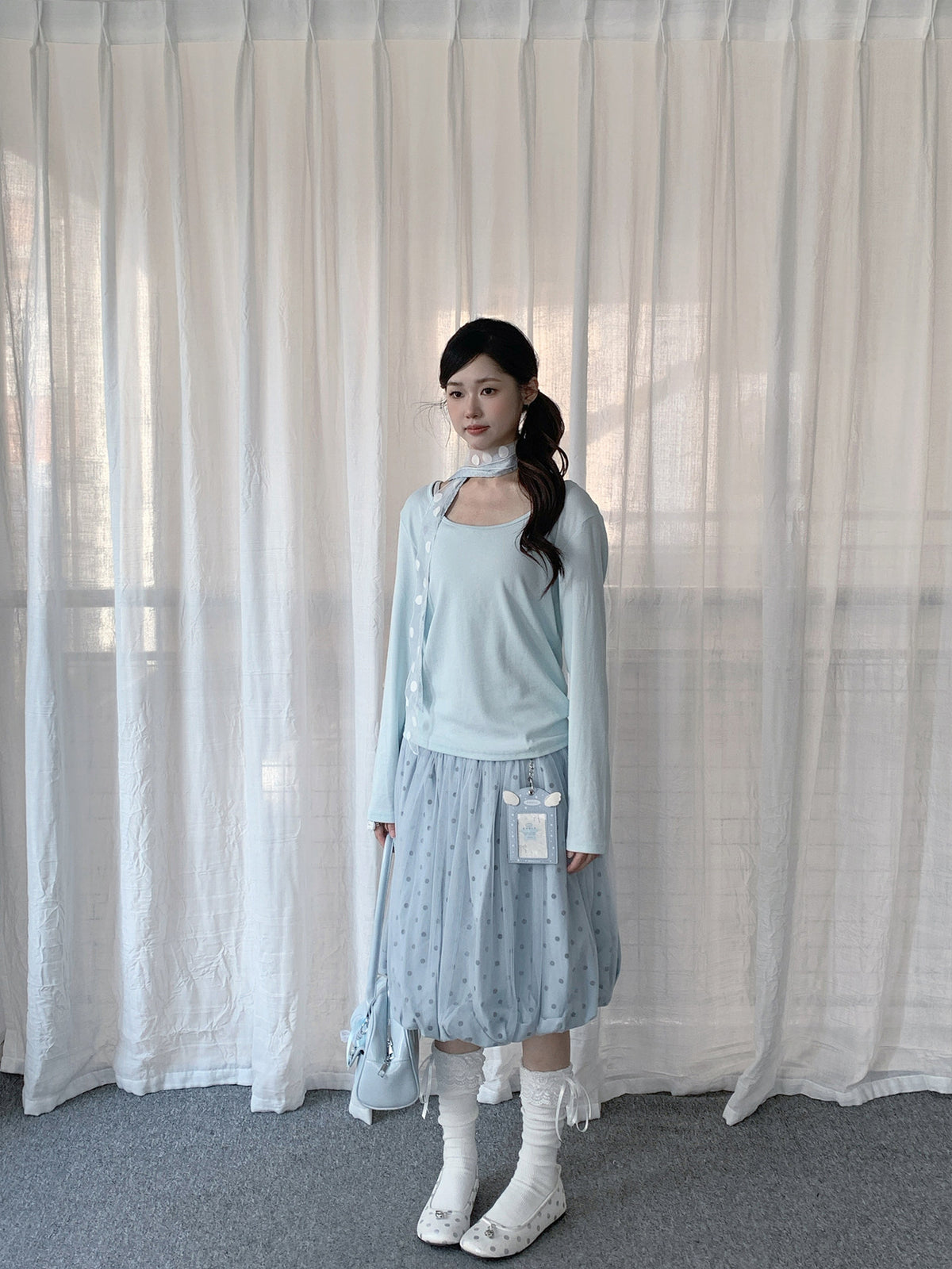 Powder Blue Polka Dot Bubble Midi Skirt