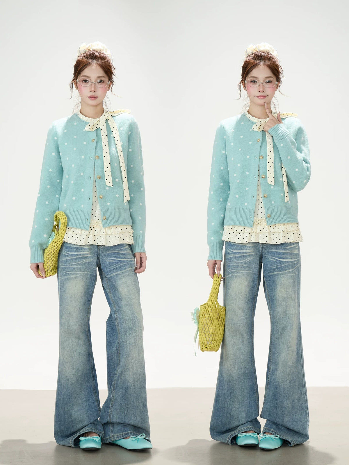 Polka-Dot Bow Ruffle-Hem Long Sleeve Top & Washed Flare Jeans