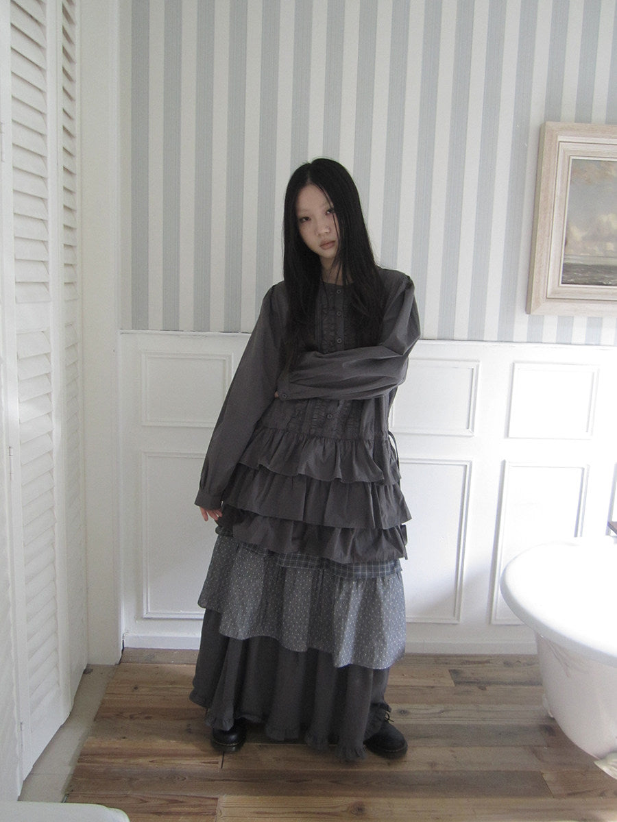 Ruffle-Trim Button Tiered Long Sleeve Tunic Top