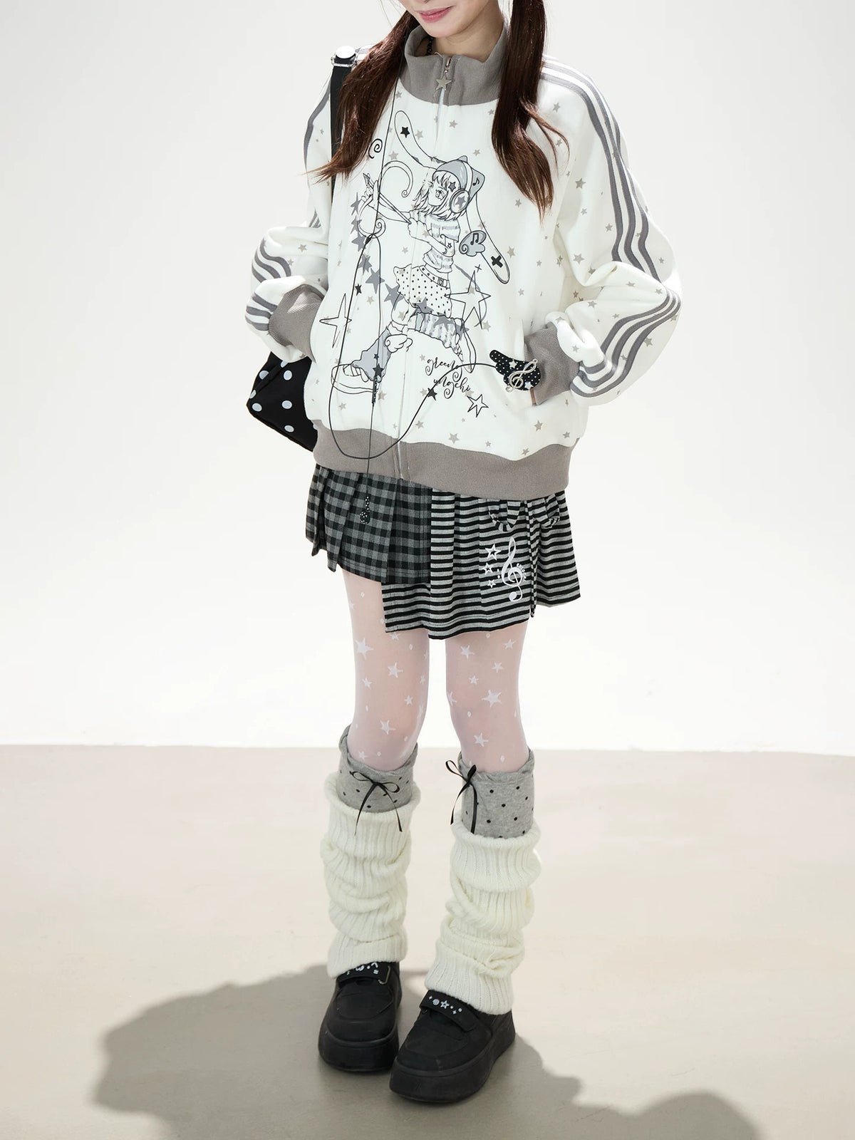 Star Girl Graphic Stand-Collar Jacket & Gray Layered Mini Skirt
