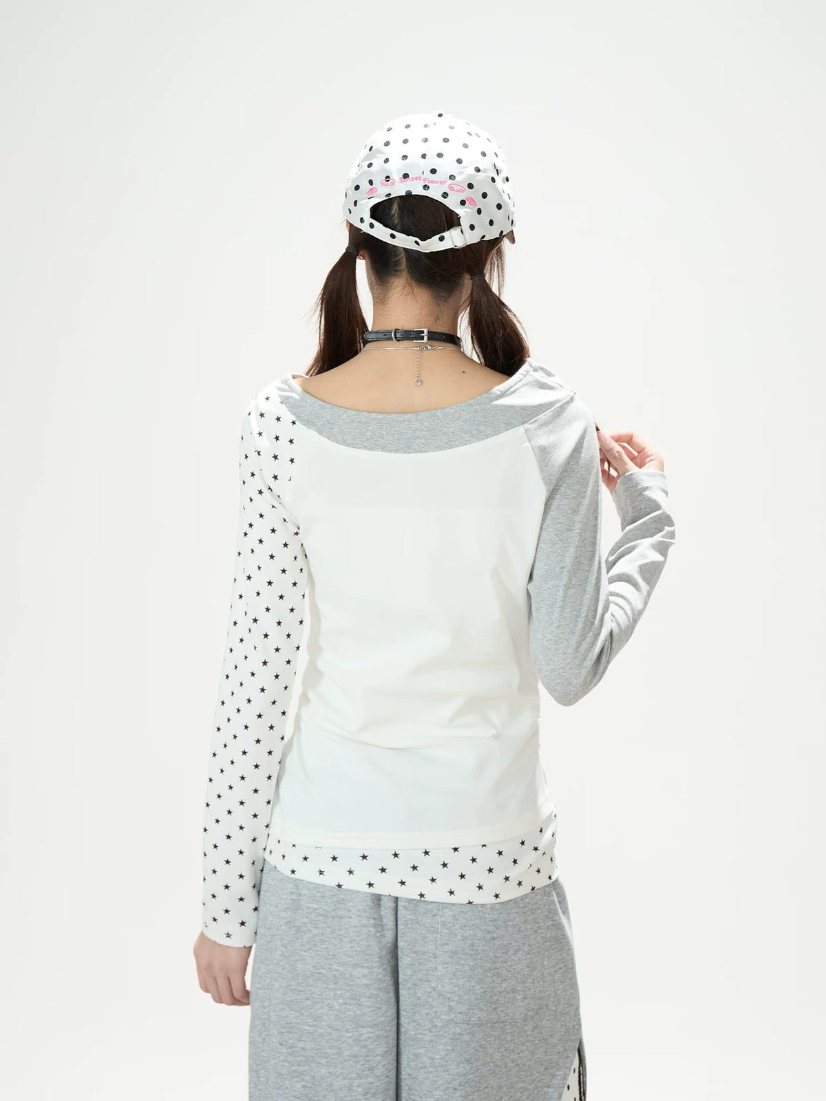 Star Patchwork Layered Long Sleeve Top & Gray Polka-Dot Wide-Leg Pants