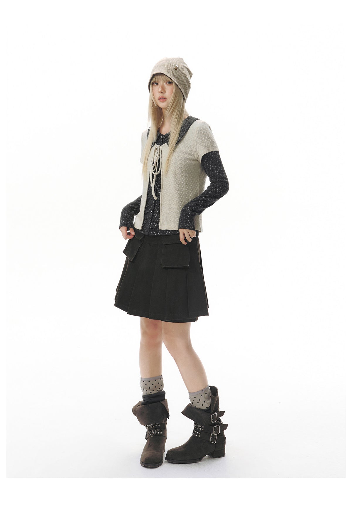 Doll-Collar Long Sleeve & Tie-Front Cardigan Set