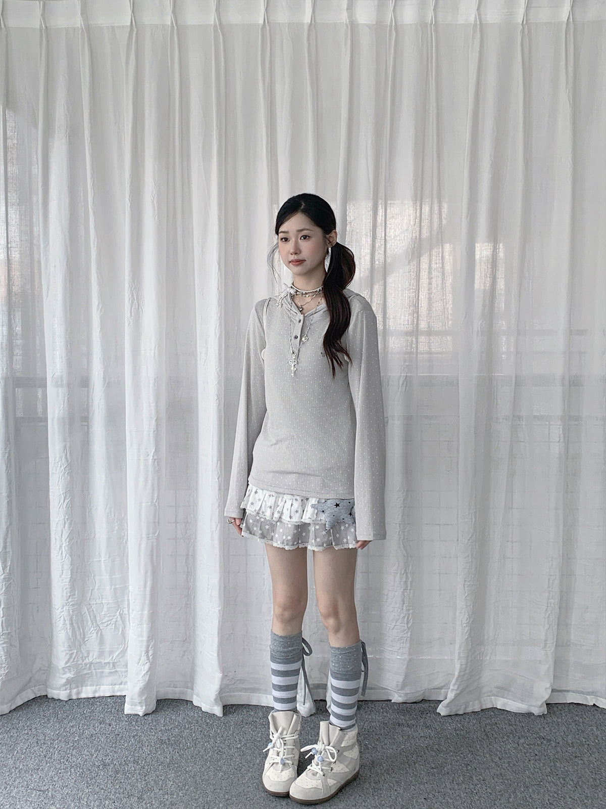 Polka Dot Henley Hooded Long Sleeve Top