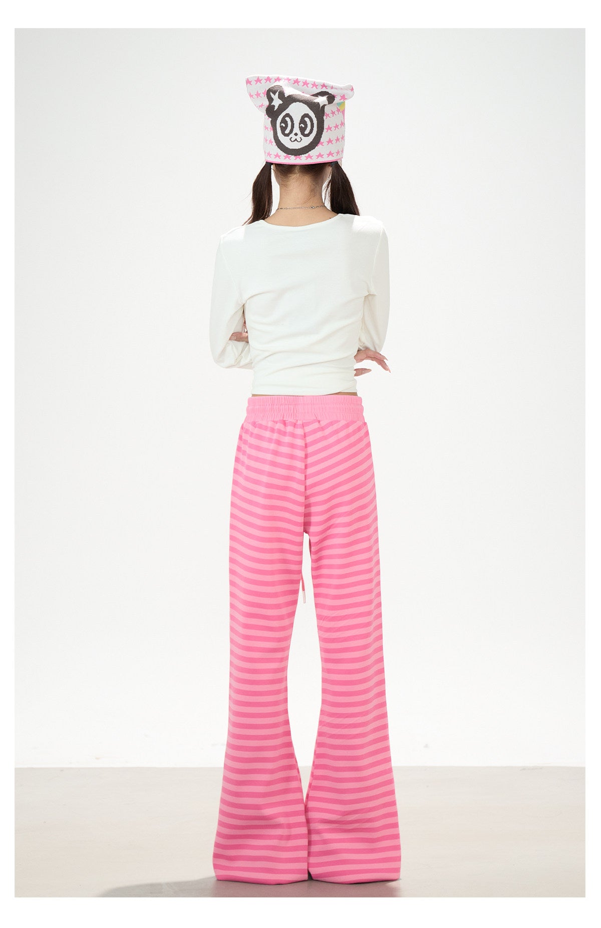 Music Note Star Button V-Neck Long Sleeve Top & Pink Stripe Wide-Leg Pants