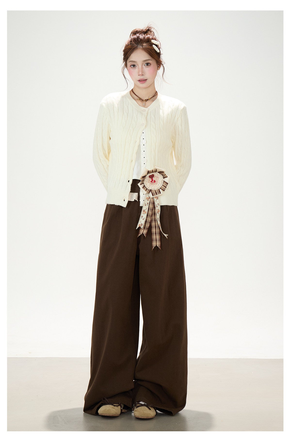 Polka-Dot Bow Knit Cardigan & Black Pinstripe Wide-Leg Pants