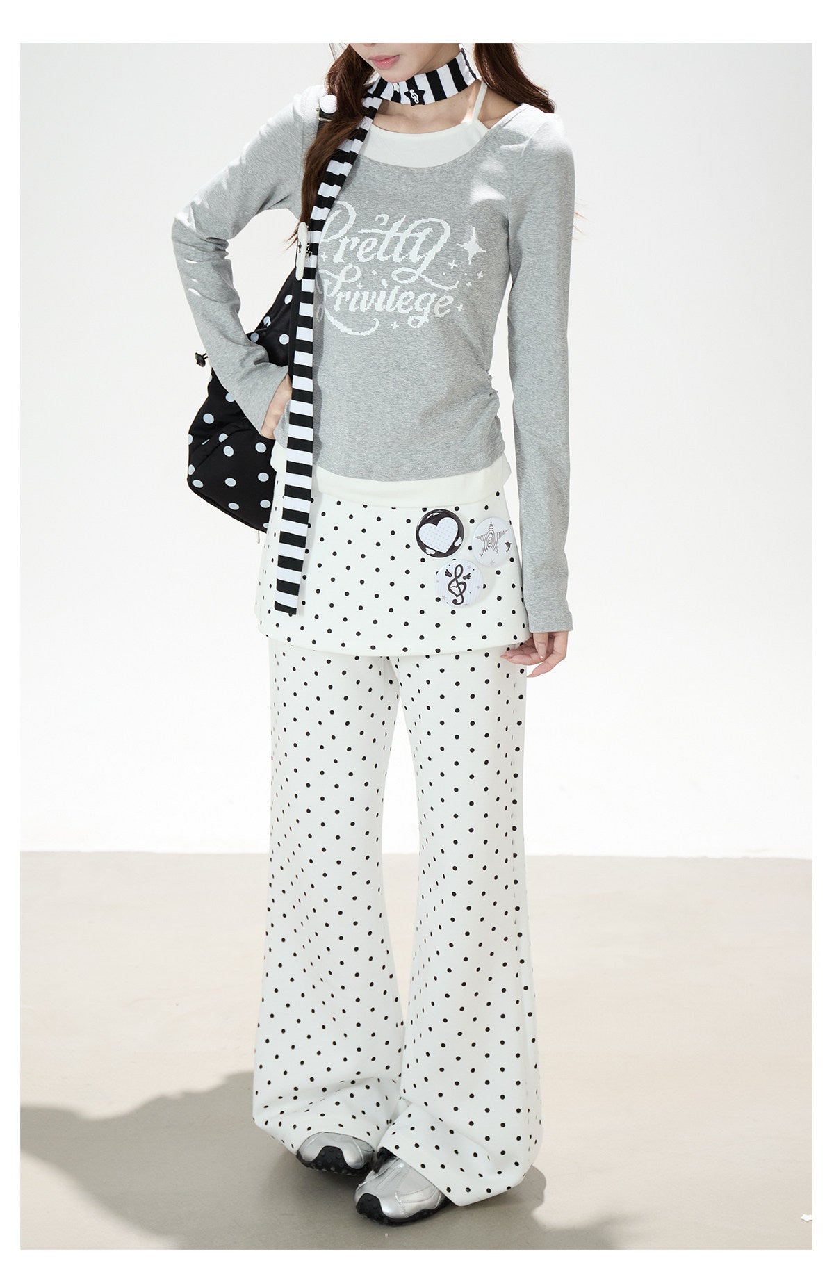 Polka-Dot Skirt-Layer Flared Sweatpants