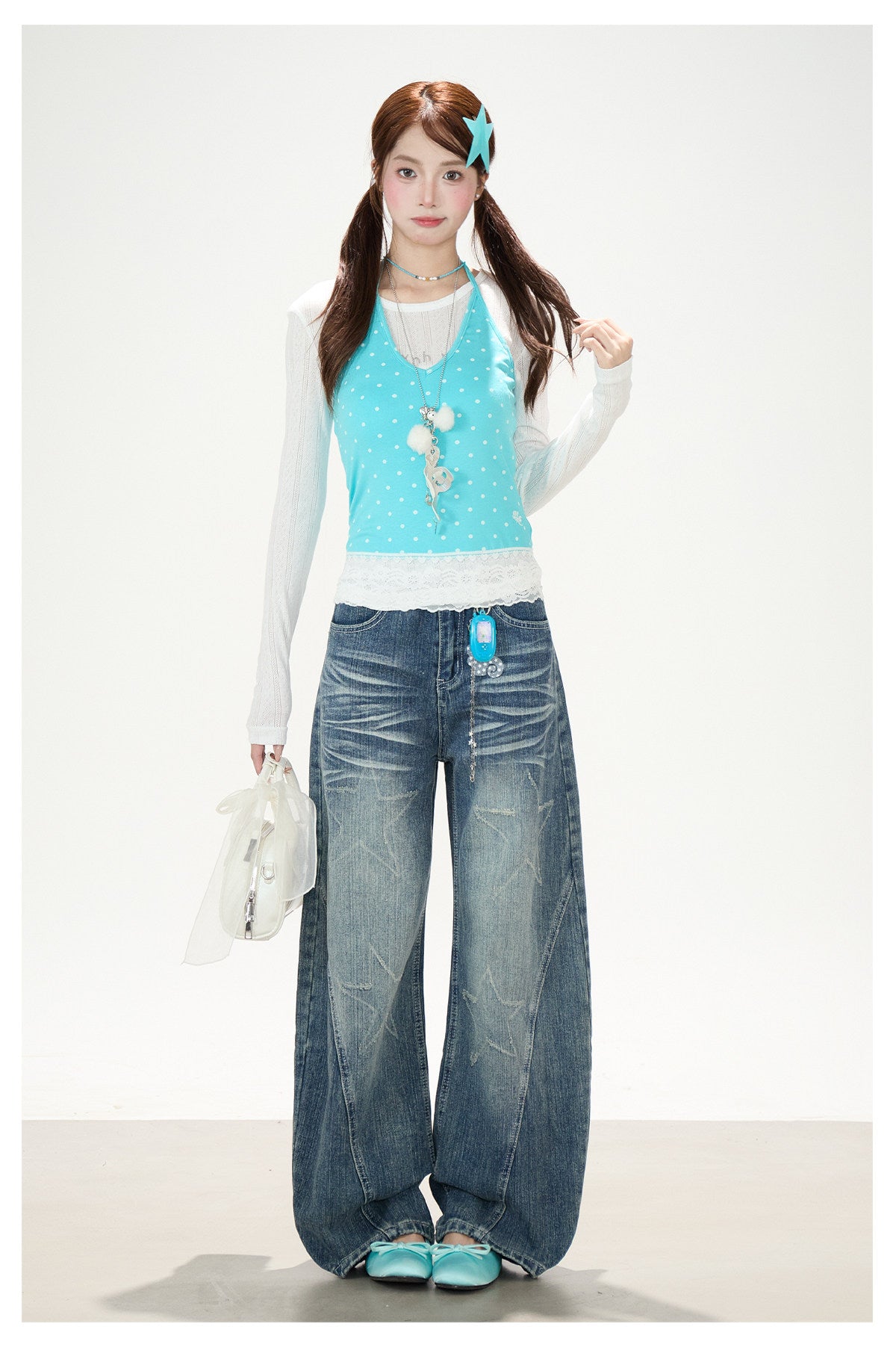 Sheer Cat Doodle Long Sleeve Top, Polka-Dot Cami & Washed Wide-Leg Jeans