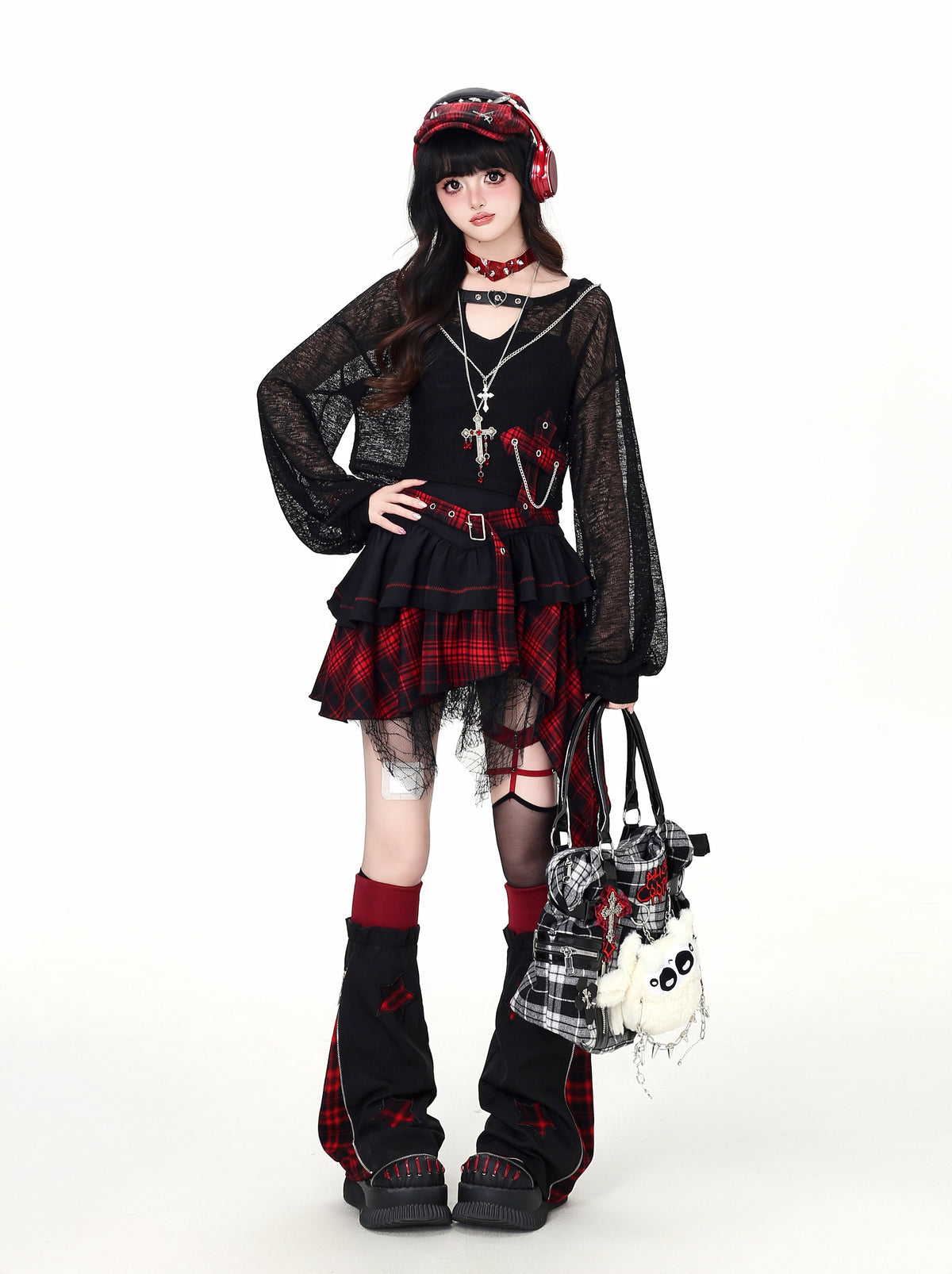 Lost Island Plaid Layered Dress, Sheer Shrug & Star Leg Warmers