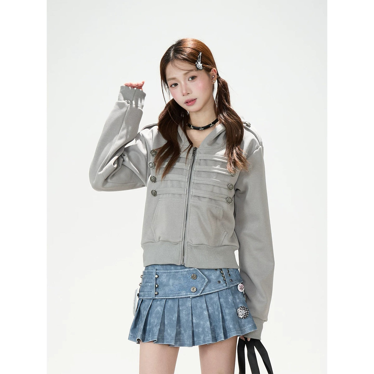 Utility Button Zip-Up Hoodie & Blue Pleated Mini Skirt
