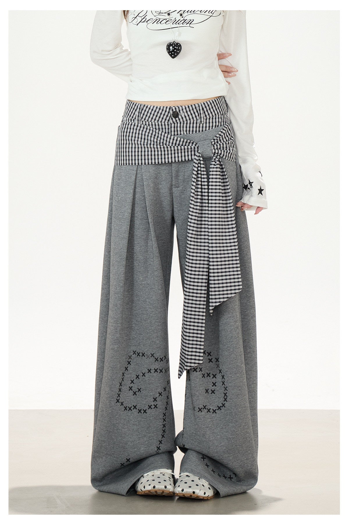 Plaid Tie-Panel Wide-Leg Sweatpants