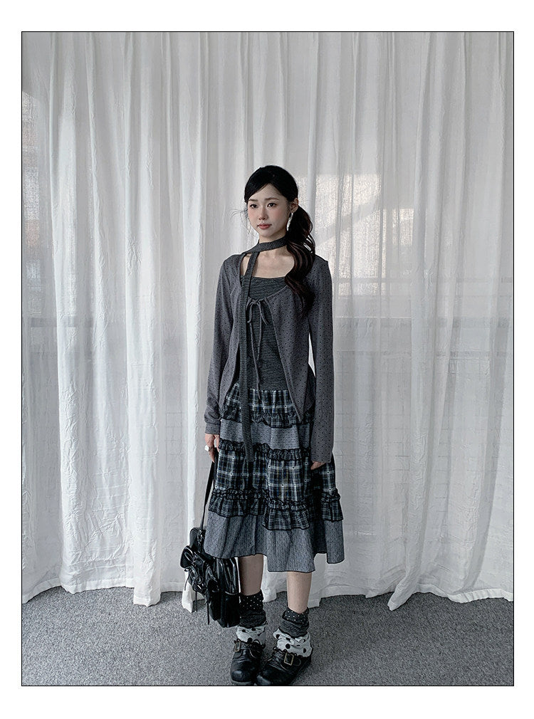 Polka Dot Tie Cardigan & Striped Cami Set