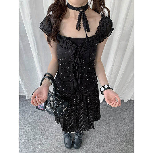 Polka Dot Lace-Up Puff-Sleeve Layered Top